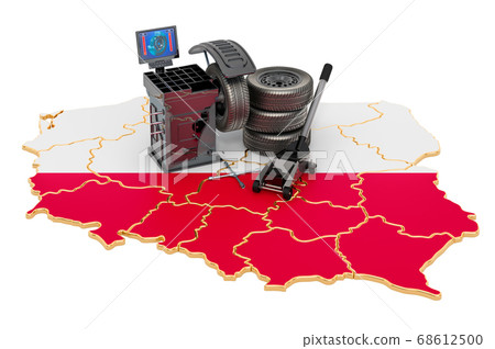 Tire Fitting and Auto Service in Poland concept. Tire Fitting and Auto Service in Poland concept. 68612500