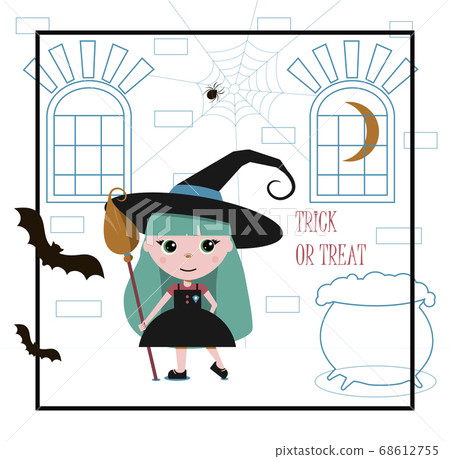 A little witch in a big black hat with a broom and a potion pot. Flat vector postcard for Halloween. An illustration with a greeting inscription, spiders, garlands and a funny girl in a cute dress. A little witch in a big black hat with a broom and a potion pot. Flat vector postcard for Halloween. An illustration with a greeting inscription, spiders, garlands and a funny girl in a cute dress. 68612755