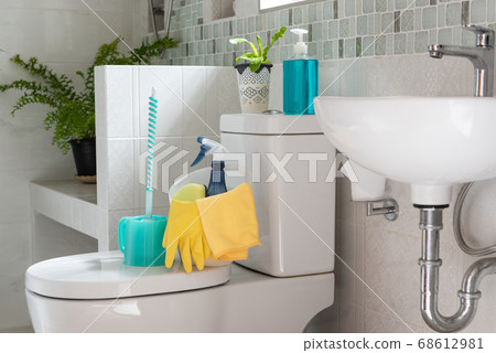 Basket of cleaning supplies on toilet bowl in 68612981