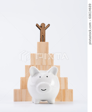 People model stand on wood cubes pyramid and piggy People model stand on wood cubes pyramid and piggy 68614689