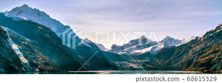 Alaska Cruise Glacier Bay travel landscape view from ship at Johns Hopkins Glacier in Alaska, united states USA. Panoramic banner 68615329