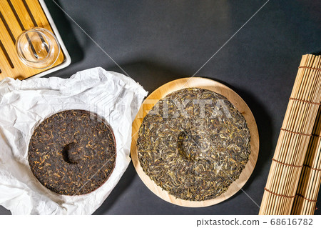 shen puer tea, Pialats, tea set on dark table. Close up, top view concept. flat lay. place to copy text 68616782