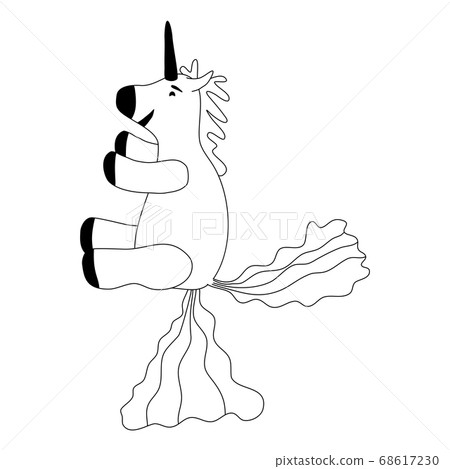 Unicorn smiling pooping a rainbow, fantasy cute character beast multicolored shit turd, lineart. Vector illustration isolated doodle style Unicorn smiling pooping a rainbow, fantasy cute character beast multicolored shit turd, lineart. Vector illustration isolated doodle style 68617230