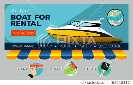 Web banner with motor yacht for sale or rental. Buying or rent motorboat online. Vector illustration 68618312