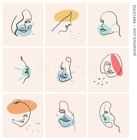 Big set of Modern abstract hand drawn faces. Trendy one line woman portrait on the topic of coronavirus, covid-19. Contemporary female silhouettes with abstract medical mask shapes. Continuous line. 68618342