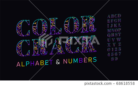 Set of colorful font letters and numbers with decorative cracked surface. Broken into colorful pieces. Isolated bright alphabet on black background. Colored mosaic lines inside letters. Outline style 68618558