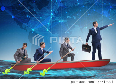 Team of businessmen in teamwork concept with boat Team of businessmen in teamwork concept with boat 68618991