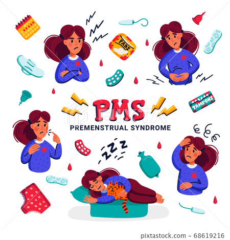PMS. Set of woman suffering from premenstrual syndrome. Various symptoms of menstrual cycle and related products such as sanitary pads and tampons. Flat style vector illustration. PMS. Set of woman suffering from premenstrual syndrome. Various symptoms of menstrual cycle and related products such as sanitary pads and tampons. Flat style vector illustration. 68619216