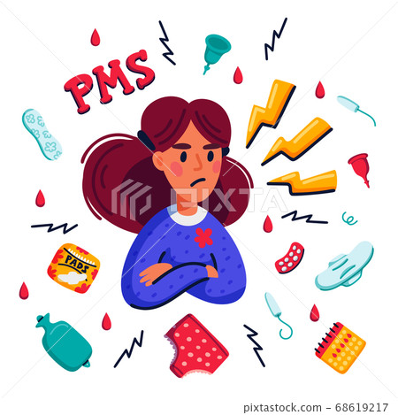 PMS concept. Woman suffering from premenstrual syndrome and related products such as sanitary pads and tampons on white background. Flat style vector illustration. PMS concept. Woman suffering from premenstrual syndrome and related products such as sanitary pads and tampons on white background. Flat style vector illustration. 68619217
