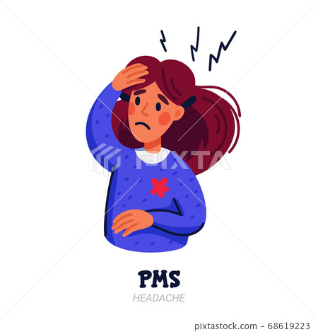 PMS symptoms concept. Woman suffering from premenstrual syndrome such as headache. Flat style vector illustration on white background. 68619223