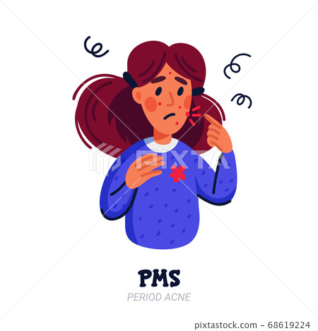 PMS symptoms concept. Woman suffering from premenstrual syndrome such as acne. Flat style vector illustration on white background. 68619224