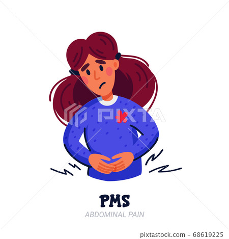 PMS symptoms concept. Woman suffering from premenstrual syndrome such as abdominal pain. Flat style vector illustration on white background. 68619225