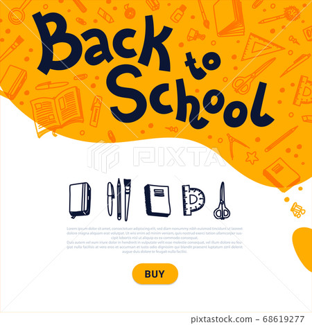 Back to school template. School supplies online shopping. Doodle style vector illustration Back to school template. School supplies online shopping. Doodle style vector illustration 68619277