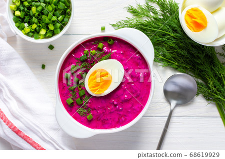 Soup from fresh young beetroot and cucumbers 68619929