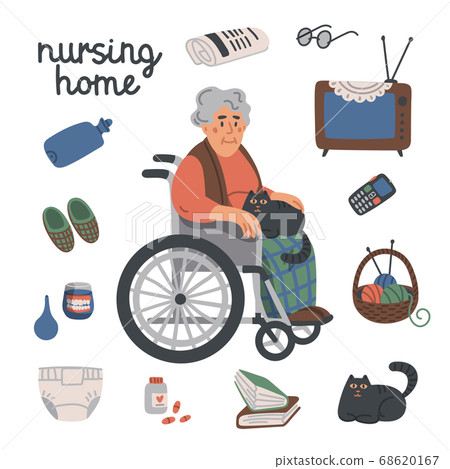 Elderly woman in wheelchair and nursing home items on white background, medical care concept. Nursing home. Senior people healthcare assistance flat Vector illustration. Elderly woman in wheelchair and nursing home items on white background, medical care concept. Nursing home. Senior people healthcare assistance flat Vector illustration. 68620167