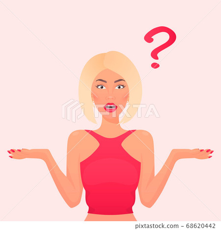 Pretty Blonde European Confused Woman, Young Lady, Girl with Arms Outstretched. Make a Choice, Doesn t know to Do Concept. Question Mark. Vector Illustration. Portrait, Avatar. Front View 68620442