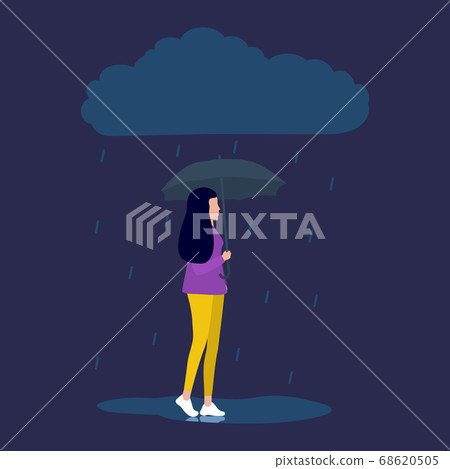 woman is talking on the phone and walking down the street in the rain. Vector illustration, flat design. 68620505
