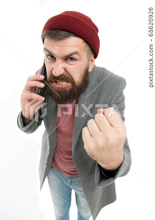Mobile call concept. Man bearded hipster hold Mobile call concept. Man bearded hipster hold 68620926