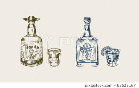 Bottle of tequila Glass shot with lime and label for retro poster or banner. Mexican drink. Engraved 68622167