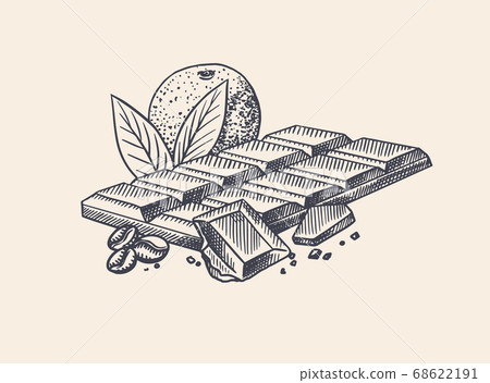Chocolate bar with orange and coffee beans. Engraved hand drawn vintage sketch. Woodcut style.  68622191