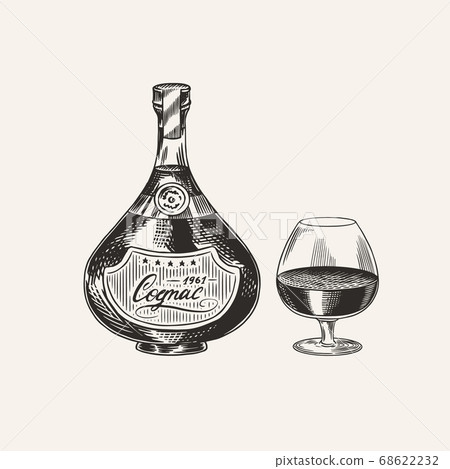 Cognac bottle and glass goblet. Engraved hand drawn vintage sketch. Woodcut style. Vector Cognac bottle and glass goblet. Engraved hand drawn vintage sketch. Woodcut style. Vector 68622232