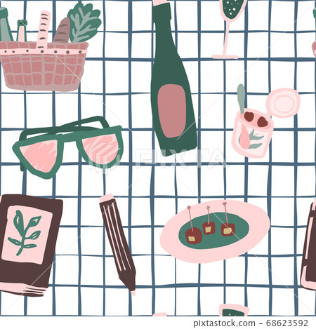 Cartoon hand drawn picnic seamless pattern. Cartoon hand drawn picnic seamless pattern. 68623592
