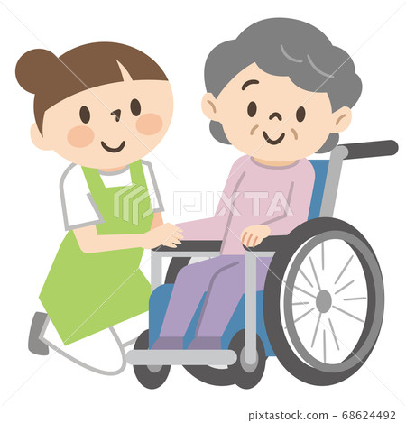 Senior Woman In Wheelchair And Nursing Staff - Stock Illustration 