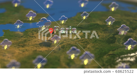 Stormy weather icons near Paris city on the map, weather forecast related 3D rendering 68625522
