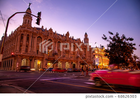 Cuban cityscape of Havana at dusk Classic Gran Teatro de la Havana in Central Park 68626303
