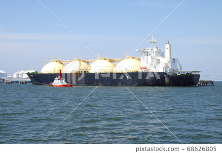 A view of an LNG tanker loading and unloading... - Stock Photo ...