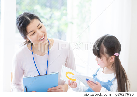 Early childhood education Girls taking lessons in an English conversation class Early childhood education Girls taking lessons in an English conversation class 68627689