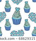 Vector graphic of the various sweets and desserts decorated into seamless pattern. Valentines day seamless pattern of hearts and cupcakes. Beautiful abstract pattern with Valentines day seamless 68629315