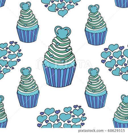 Vector graphic of the various sweets and desserts decorated into seamless pattern. Valentines day seamless pattern of hearts and cupcakes. Beautiful abstract pattern with Valentines day seamless 68629315
