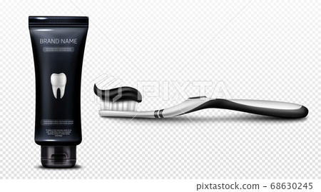 Black toothpaste in plastic tube and on brush Black toothpaste in plastic tube and on brush 68630245