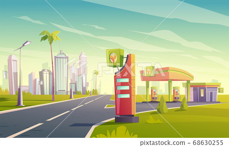 Gas station with oil pump and market on road 68630255