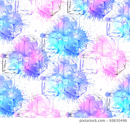 Seamless texture with hand drawn ice cubes and watercolor splashes. Vector pattern 68630496