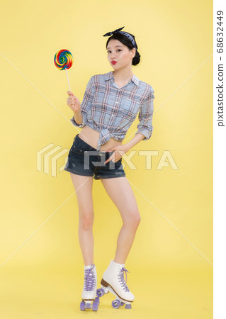 Life style concept, happy shopping time. Young asian woman with shopping bags and cart. 489 68632449