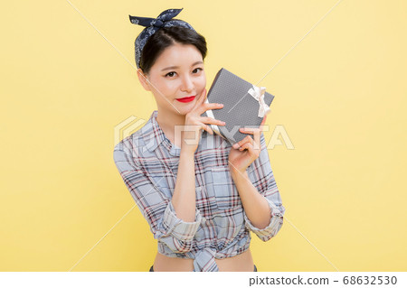 Life style concept, happy shopping time. Young asian woman with shopping bags and cart. 425 68632530