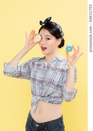 Life style concept, happy shopping time. Young asian woman with shopping bags and cart. 287 Life style concept, happy shopping time. Young asian woman with shopping bags and cart. 287 68632703