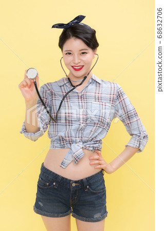 Life style concept, happy shopping time. Young asian woman with shopping bags and cart. 293 Life style concept, happy shopping time. Young asian woman with shopping bags and cart. 293 68632706