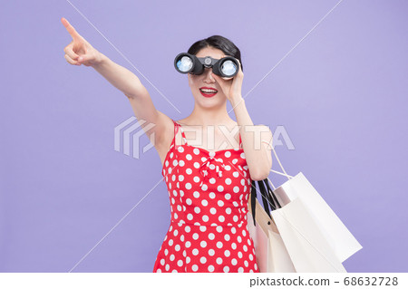 Life style concept, happy shopping time. Young asian woman with shopping bags and cart. 508 68632728