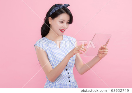 Life style concept, happy shopping time. Young asian woman with shopping bags and cart. 240 68632749