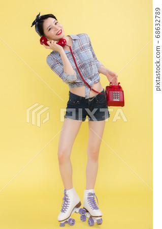 Life style concept, happy shopping time. Young asian woman with shopping bags and cart. 457 68632789
