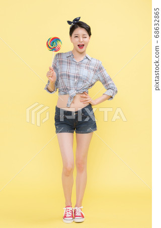 Life style concept, happy shopping time. Young asian woman with shopping bags and cart. 365 68632865