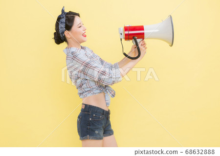 Life style concept, happy shopping time. Young asian woman with shopping bags and cart. 394 68632888