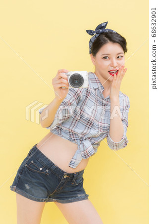 Life style concept, happy shopping time. Young asian woman with shopping bags and cart. 339 68632901