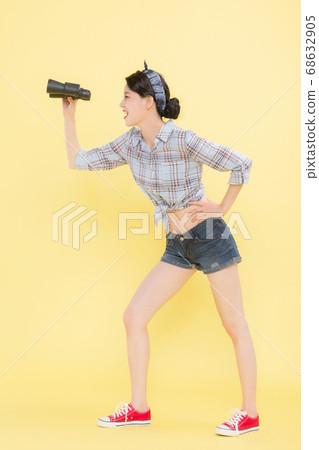 Life style concept, happy shopping time. Young asian woman with shopping bags and cart. 372 68632905