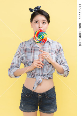 Life style concept, happy shopping time. Young asian woman with shopping bags and cart. 307 68632953