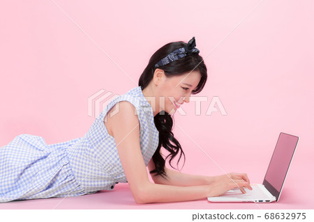 Life style concept, happy shopping time. Young asian woman with shopping bags and cart. 249 68632975