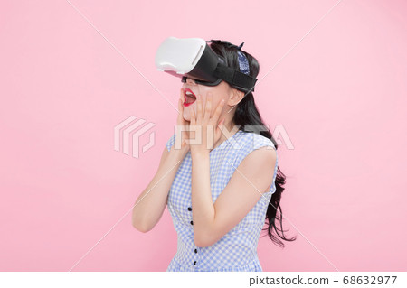 Life style concept, happy shopping time. Young asian woman with shopping bags and cart. 226 68632977